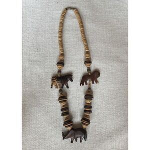 Vintage Carved Wood Beaded African Safari Themed Animal Necklace 28".